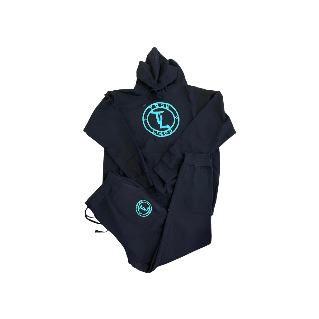 Black and turquoise True Lingo hooded jogger sweatsuit with drawstrings