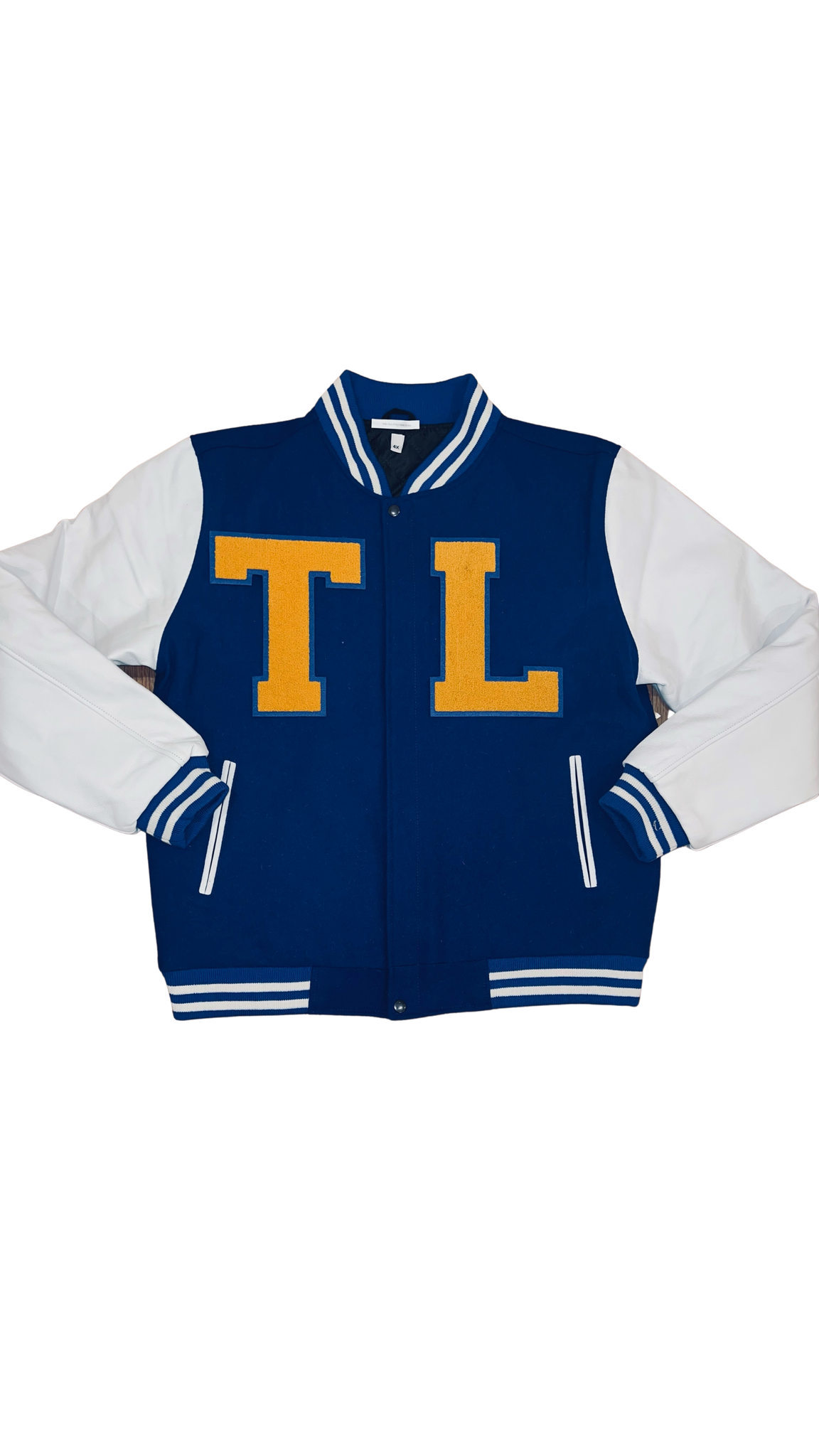 Blue Varsity Jacket with white leather sleeves and a  yellow TL on the front  with blue outline